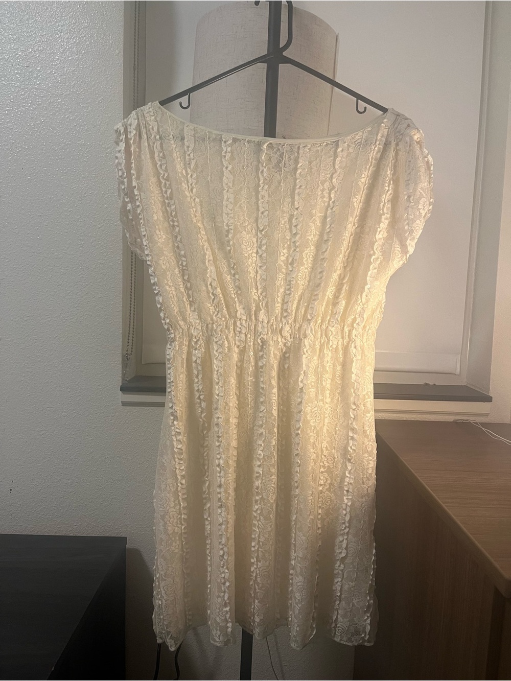 Style & Co. Cream Lace Ruffle Mini Dress w/ Cap Sleeves and Elastic Waist